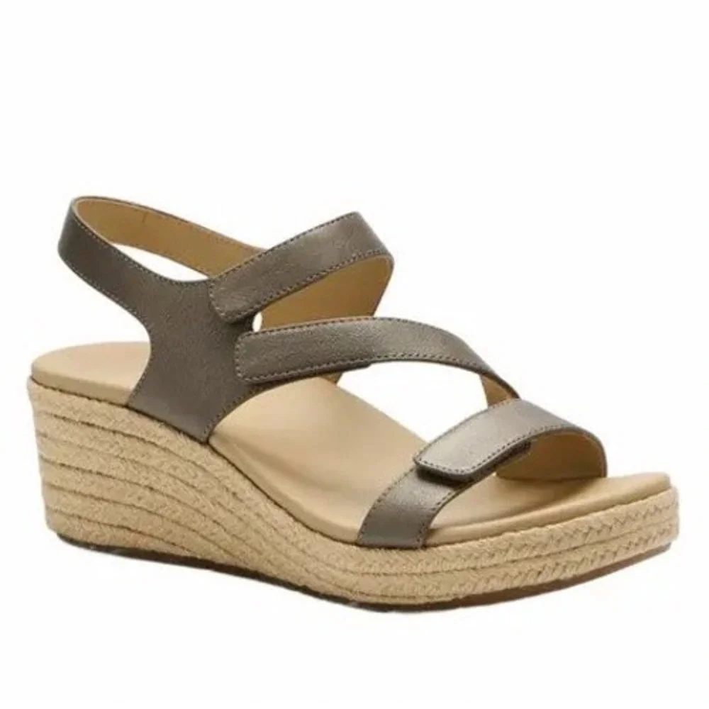 Abeo‎ Riviera Adjustable Wedge Espadrille Sandal Fossil Leather Womens 7.5 MET